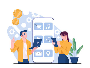 Two people using digital devices in front of a giant smartphone interface with app icons, flat style on a white and blue background. Concept of app development. Vector illustration
