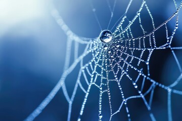 Close-up of a spiderweb glistening with morning dew, intricate details highlighted.