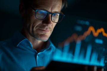Wall Mural - close-up of man in glasses reviewing digital data graph, illuminated by screen glow, conveying focus