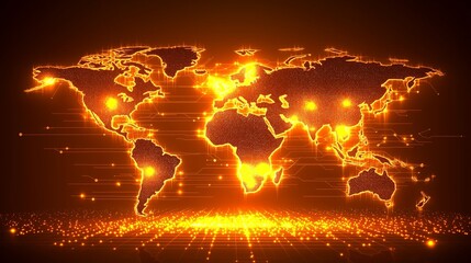 Aufkleber - Bright golden digital world map with glowing nodes and global network lines on dark background, Generative AI