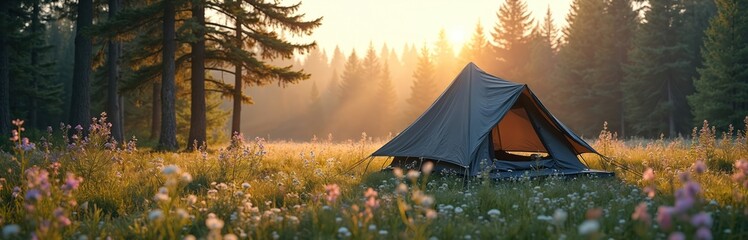 Wall Mural - Serene camping scene at sunrise in flowery meadow. Tent in middle, trees silhouettes, sunbeams. Tranquil landscape with flowers. Perfect for tourism, nature, travel, get-away and outdoor activities.