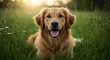 © Fan_ - Golden Retriever Relaxing in Meadow with Sunlight Streaming Through Trees