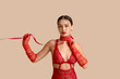 © Pixel-Shot - Young Asian woman in sexy red underwear and collar on color background. Erotic concept