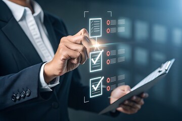 checklist business performance monitoring concept, business using tablet online survey filling out c