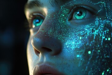 Wall Mural - close-up of a person's face with digital circuit patterns projected onto their skin, emphasizing tec