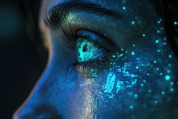 Wall Mural - a close-up of an eye displaying glowing, futuristic digital patterns, suggesting advanced technology