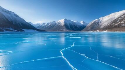 Wall Mural - frozen lake amidst winter mountains. blue ice surface showing cracks.