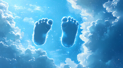 Wall Mural - bright blue footprints clouds