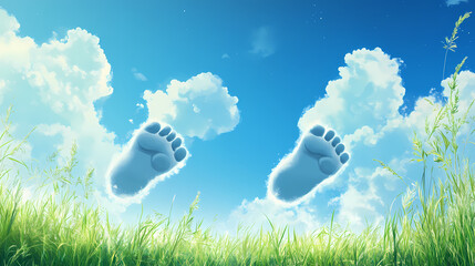 Wall Mural - bright blue footprints clouds