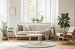 © Adri - Bright, airy living room with a cozy, neutral color palette.  Features a large window with shutters, a comfortable sofa, a coffee table, and plants
