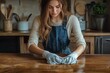 © moon - young woman in a cozy kitchen wearing gloves and an apron cleaning a wooden table with focused and calm expression