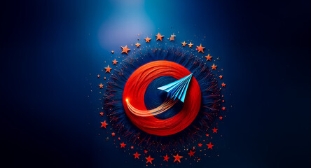 Canvas Print - a vibrant abstract design features a blue paper airplane soaring through a red circular burst, encir