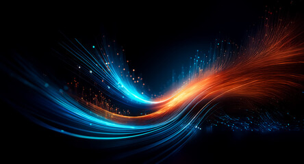 Canvas Print - abstract artwork featuring vibrant blue and orange light streaks swirling against a dark background.