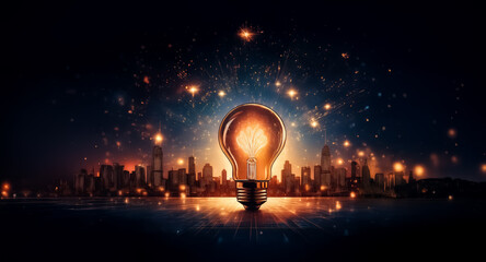 Canvas Print - a glowing lightbulb illuminates a cityscape at night, symbolizing innovation and bright ideas. spark