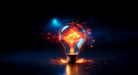 Canvas Print - a glass lightbulb, filled with fiery orange and blue energy, bursts with sparks and embers against a