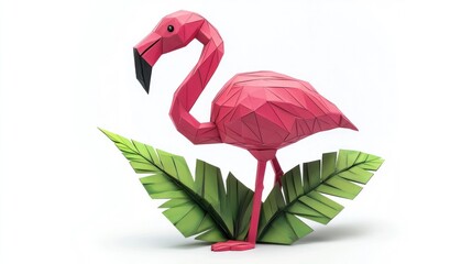 Wall Mural - polygonal flamingo with tropical leaves abstract digital stylized 3d low poly flamingo bird figure s