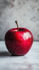 Wall Mural - Glossy red apple with tiny white dots sits on a light mottled surface