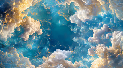 Wall Mural - Soft white clouds drift serenely across a vibrant blue sky bathed in warm sunlight. ai generated. [Celestial Drift] | Stellar Reflections | radiant water. Illustration