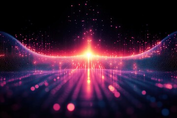 Wall Mural - glowing pink and orange digital particles forming a wave pattern with a bright central light source,