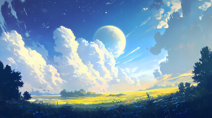 Wall Mural - Soft white clouds drift serenely across a vibrant blue sky bathed in warm sunlight. ai generated. [Celestial Drift] | Eclipse Glades | darkened clearing. Illustration