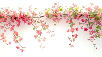 Wall Mural - Vibrant pink flowers blossoming on tree branches with verdant leaves against a clean white background creating a romantic elegant and natural floral