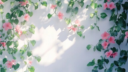 Wall Mural - Lush green leaves and delicate pink floral vines climbing up a wall in a peaceful serene garden  The vibrant foliage and soft romantic blooms create a beautiful