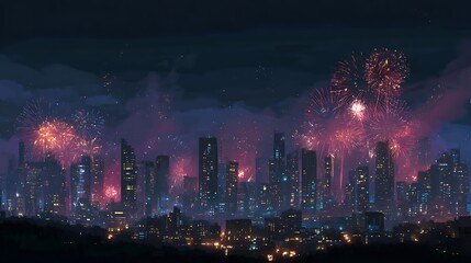 Fototapete - A city with fireworks at clean sky, at night