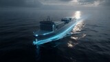 A cargo ship is sailing on a calm sea surface, with a technology style hull, blue lines