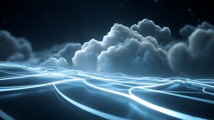 Fototapete - A cloud network with glowing lines representing the flow of data between servers, computers, and mobile devices