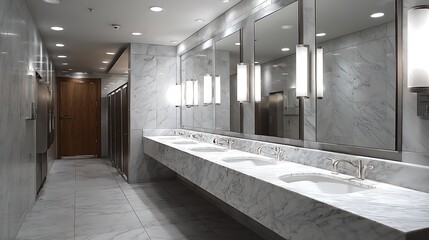 Aufkleber - A commercial bathroom with elegant, highlighting its customizable finishes and easy, to, clean surfaces