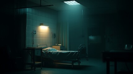 Fototapete - A dark hospital room with a dim light over an empty hospital bed, tone is sad, ominous