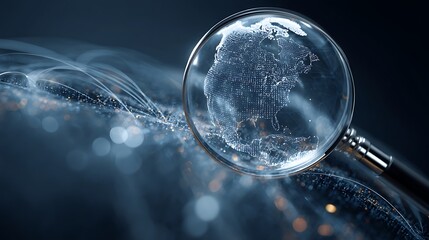 Fototapete - A futuristic globe magnified by a glowing magnifying glass, surrounded by abstract data streams and networks symbolizing global media surveillance and competitive analysis, modern