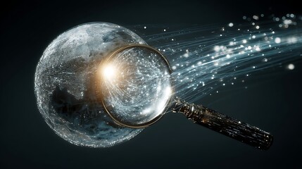 Aufkleber - A futuristic globe magnified by a glowing magnifying glass, surrounded by abstract data streams and networks symbolizing global media surveillance and competitive analysis, modern
