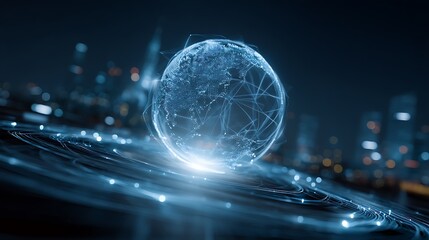 Poster - A glowing, holographic globe surrounded by interconnected digital pathways, symbolizing global operations, in the background, innovation and the automotive industry, dynamic, sleek