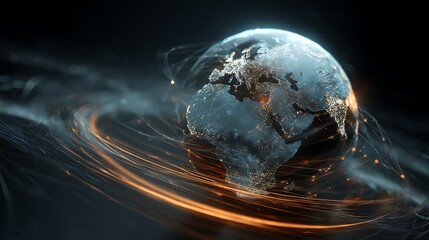 Poster - A glowing, holographic globe surrounded by interconnected digital pathways, symbolizing global operations, in the background, innovation and the automotive industry, dynamic, sleek