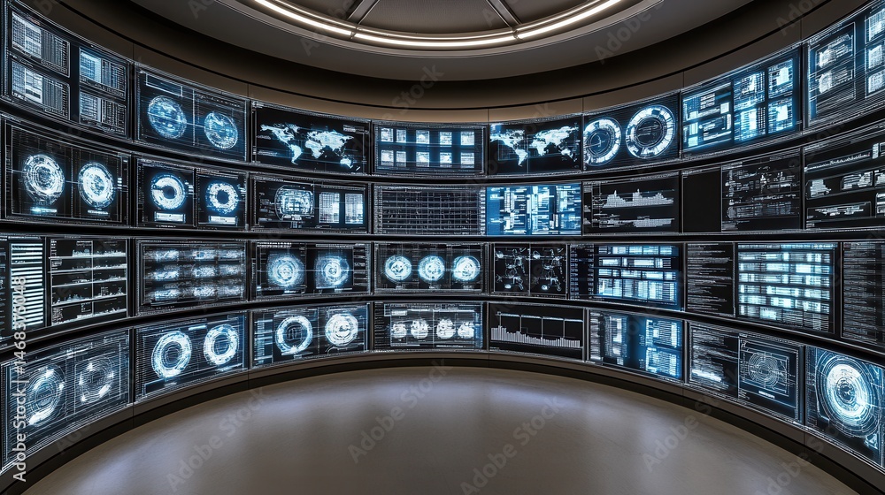 Stock-Illustration „Futuristic command center with multiple screens ...