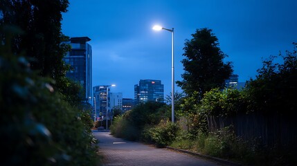 Fototapete - A modern led street lighting pole illuminating an urban pathway at dusk near lush greenery in a contemporary city setting