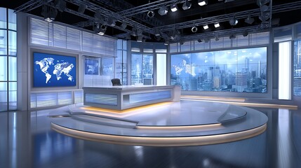 Leinwandbilder - A professional and modern tv news studio designed for virtual backgrounds, features a sleek anchor desk with built, in led lighting, surrounded by large screens displaying graphics or a world map