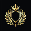 © printeye - Golden heraldic shield with crown. Heraldic Coat of Arms decorative logo isolated vector illustration. Luxury golden laurel wreath heraldic emblem template vector illustration.Heraldic Coat of Arms de