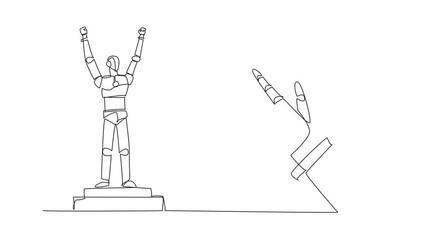 Wall Mural - animated self drawing of one line drawing robot standing on the podium of champions. future where ma
