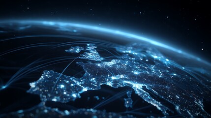 Aufkleber - A sleek, futuristic 3d virtual globe with glowing points of light scattered across key global business hubs, including the europe cities and multiple locations luminous lines connect these points