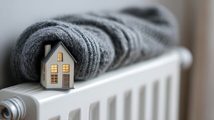 Poster - A small model house wrapped in a woolen scarf on a radiator symbolizes warmth and energy efficiency during cold months