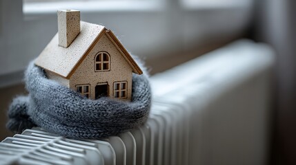 Poster - A small model house wrapped in a woolen scarf on a radiator symbolizes warmth and energy efficiency during cold months
