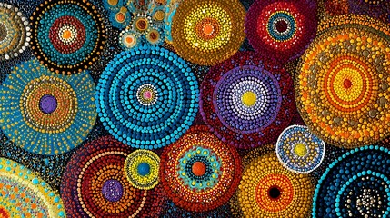 Leinwandbilder - Aboriginal, inspired dot painting featuring vibrant circular patterns showcasing rich colors and cultural significance in traditional art forms