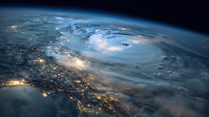 Canvas Print - aerial satellite view of a powerful hurricane storm swirling clouds over the gulf of mexico at night