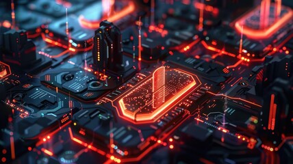 Picture of digital security system to protect dangerous hacking computer user in colorful light of cyberspace style theme. Coding and programming for guarding digital technology from criminal. AIG53.