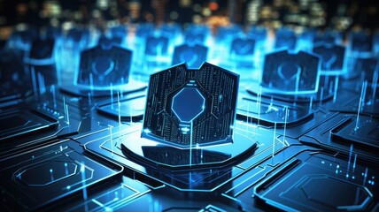 Picture of digital security system to protect dangerous hacking computer user in colorful light of cyberspace style theme. Coding and programming for guarding digital technology from criminal. AIG53.
