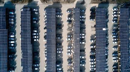 Poster - Aerial view of solar panels over a parking lot sheltering electric cars from sunlight while promoting environmental sustainability