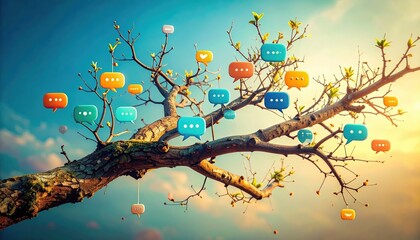 Colorful Speech Bubbles Hanging on Branches of a Tree Outdoors at Sunset Representing Social Media Communication