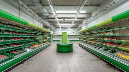 Leinwandbilder - An empty green grocer stall, sitting on in amongst a supermarket fruit and veg aisle